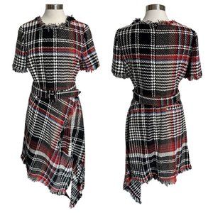 Oscar de la Renta US 12 IT 48 Round Neck Asymmetric Plaid Tweed Belted Dress